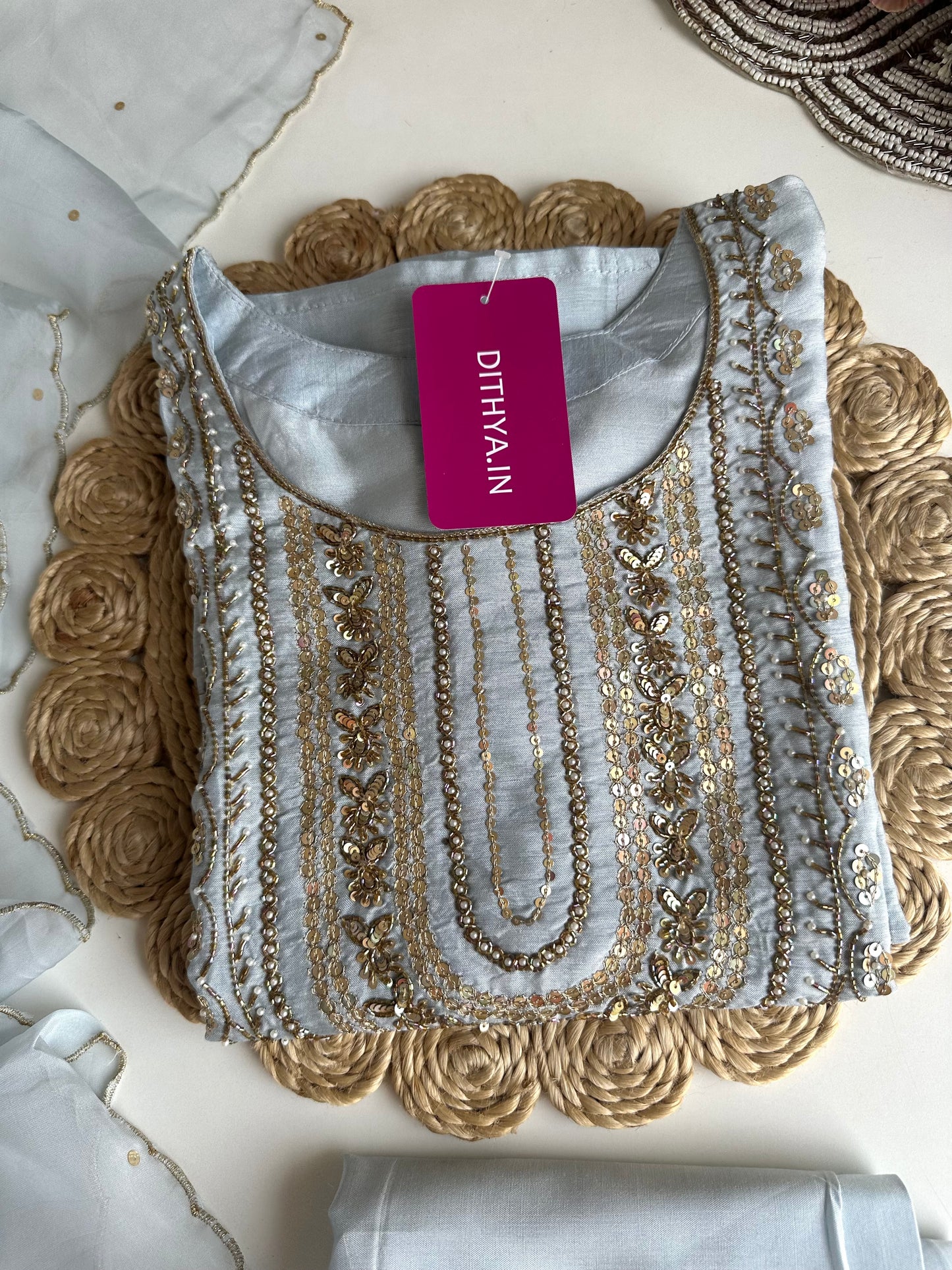 K188 - Russian silk handwork straight Kurti with pants and dupatta in 2 colours