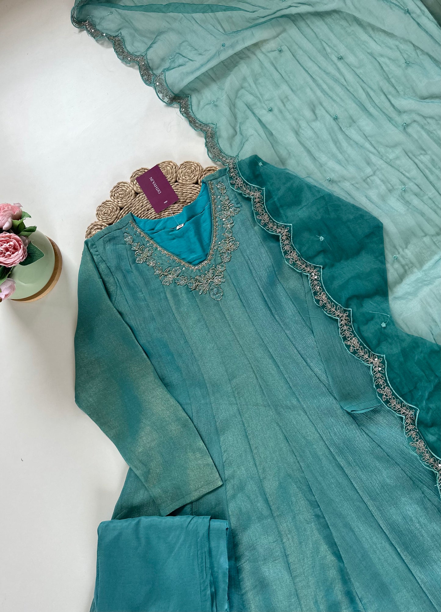 K305 - Tissue silk Handwork Anarkali with pants and organza dupatta .