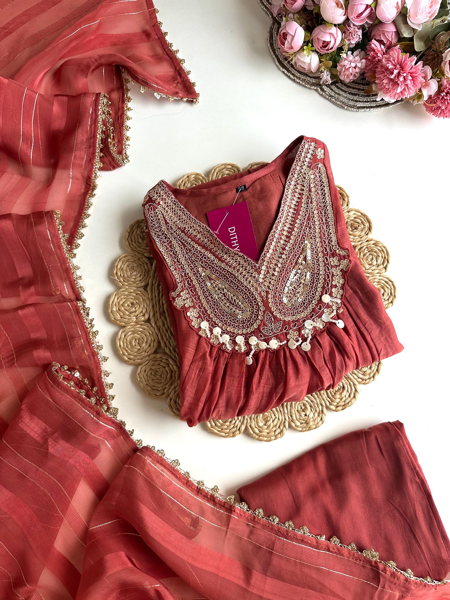 K093 - Mul Chanderi handwork Aline Kurti with pants and dupatta in 2 colours