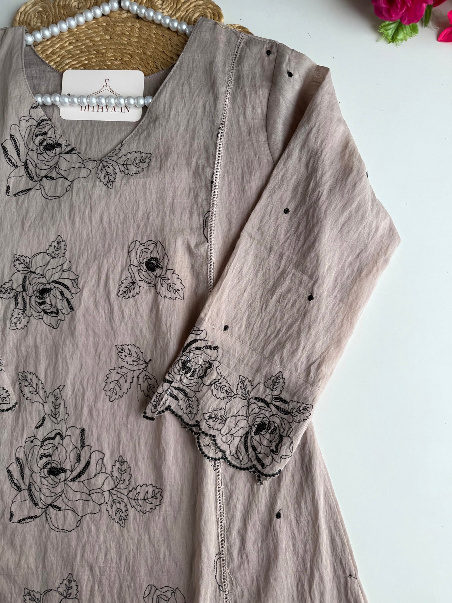 K028 - Crushed Surat Mul chanderi embroidered Aline Kurti with pants and dupatta