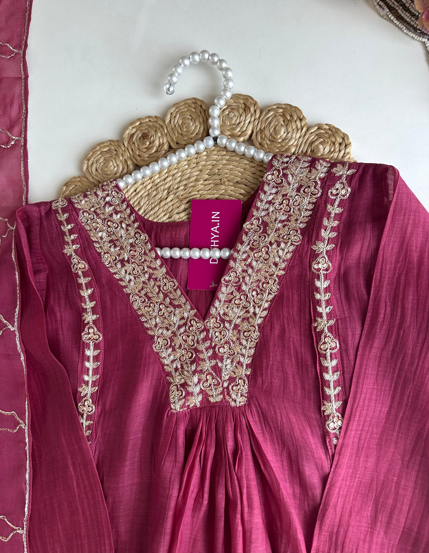K165 - Mul Chanderi handwork Aline Kurti with pants and dupatta