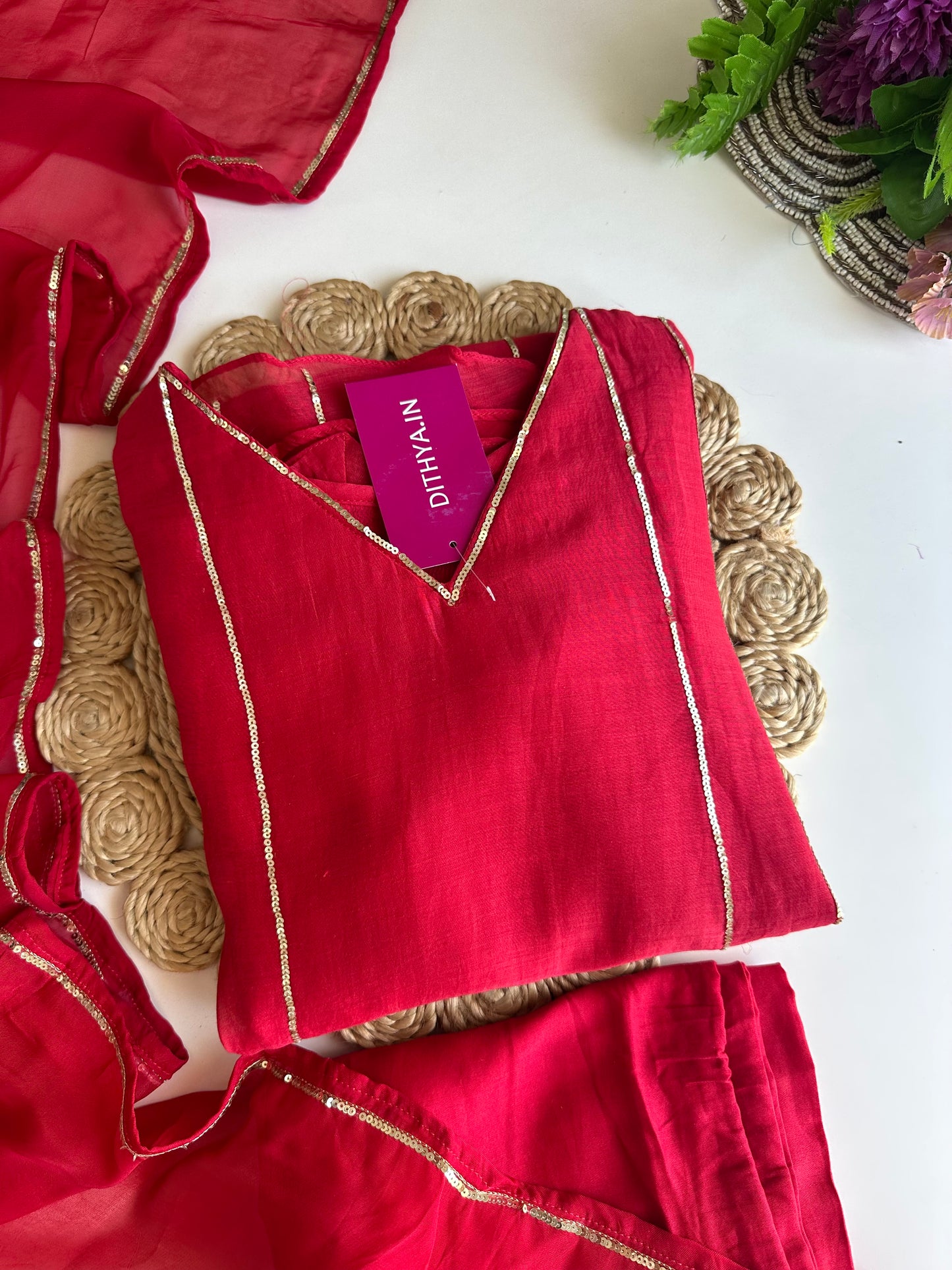K070 - Mul Chanderi handwork Aline Kurti with pants and dupatta