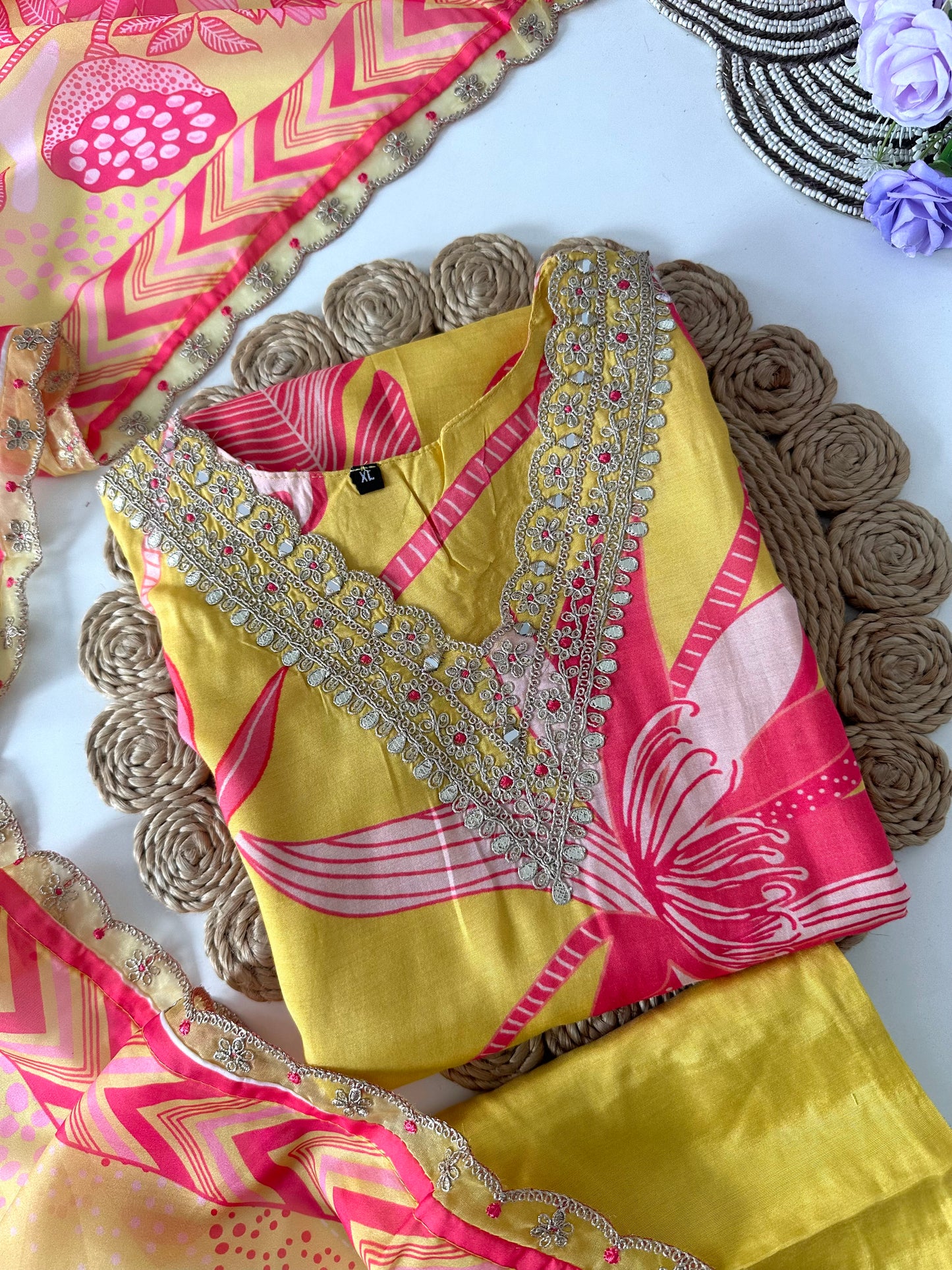 D045 -Muslin silk straight kurti with pants and dupatta