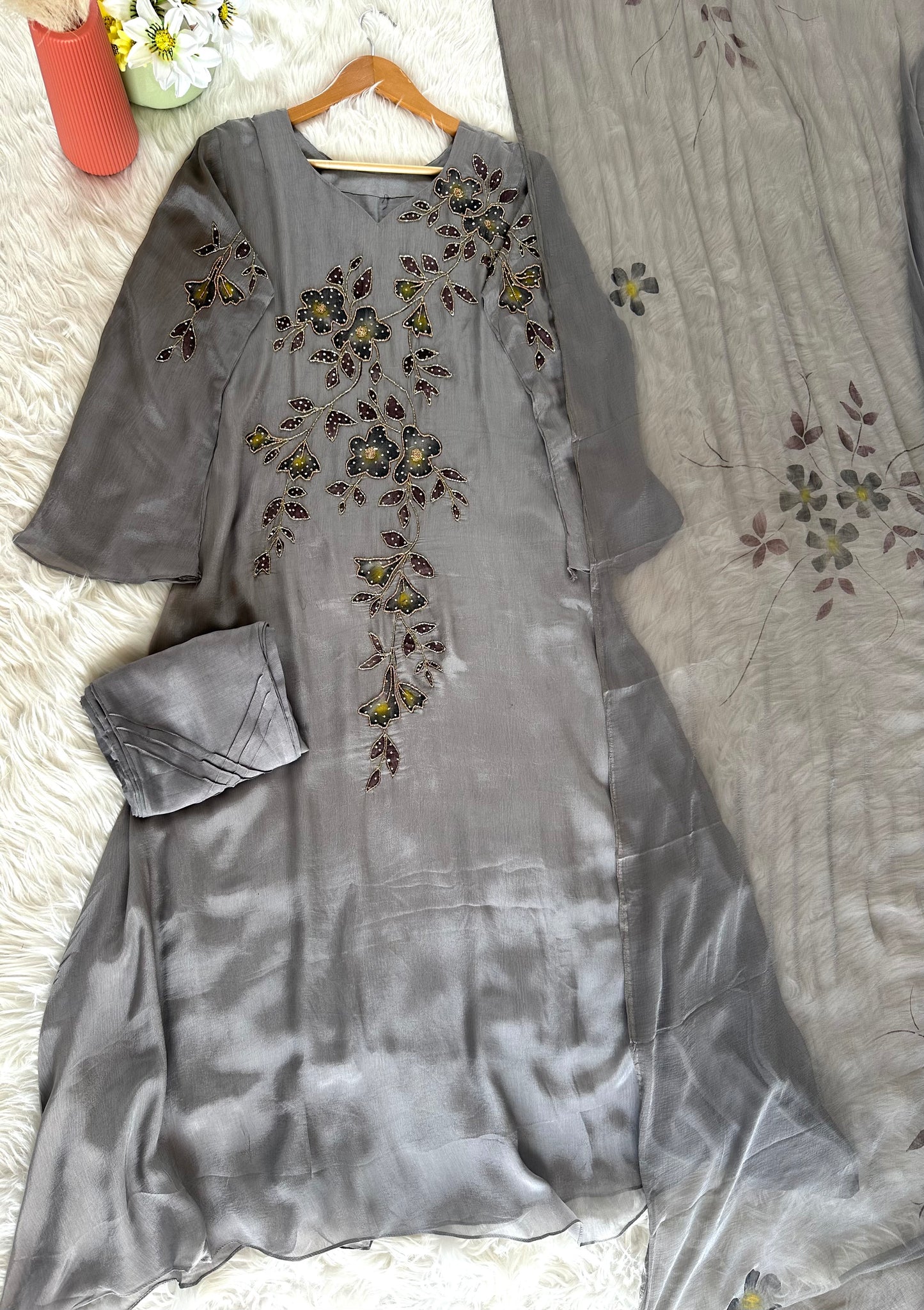 K380 - Chinnon handwork Aline Kurti with pants and chiffon dupatta