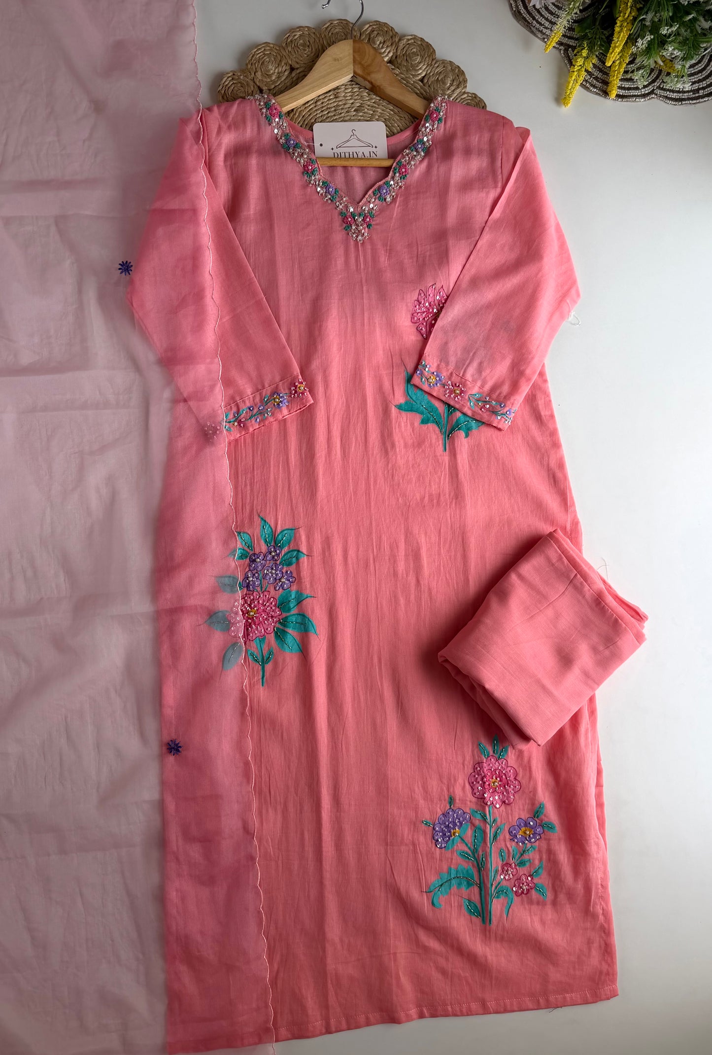 K672 - Mul cotton handwork straight Kurti with pants and dupatta