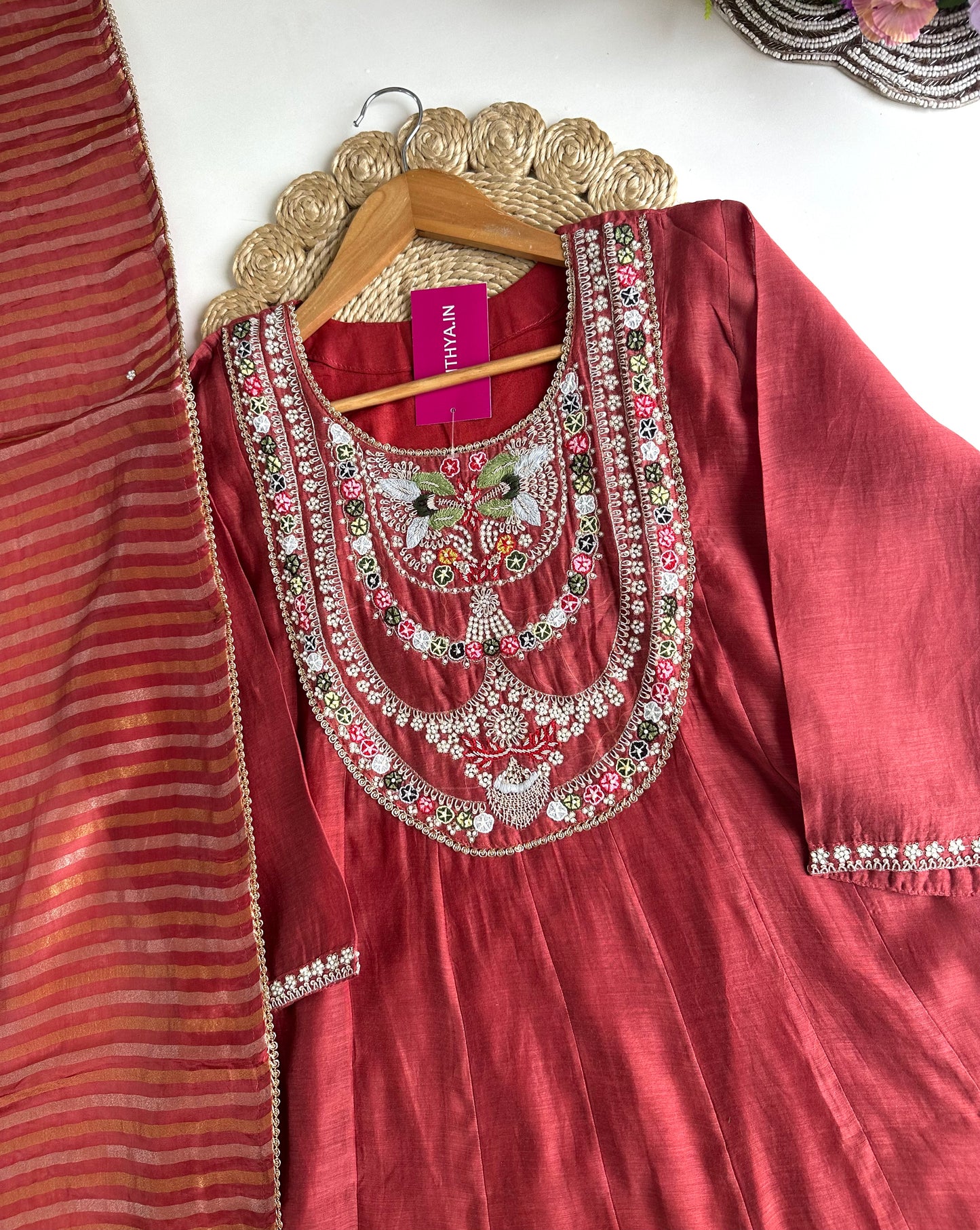 K037 - Mul Chanderi handwork Anarkali with pants and dupatta