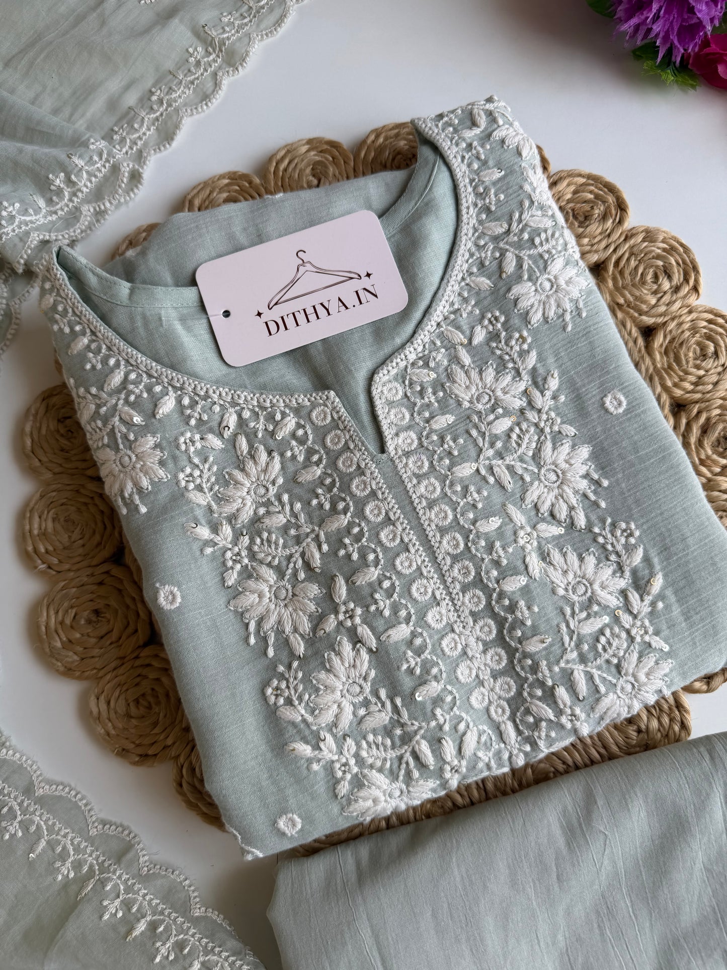 K698 - Crushed mul chanderi embroidered straight Kurti with pants and dupatta