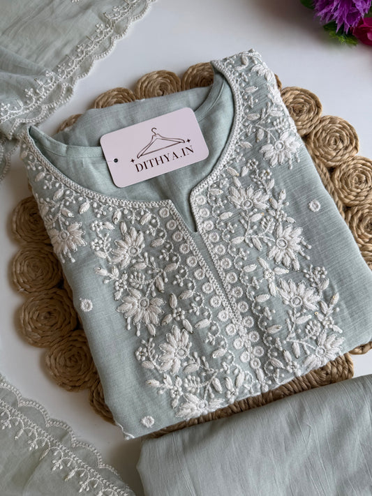 K698 - Crushed mul chanderi embroidered straight Kurti with pants and dupatta