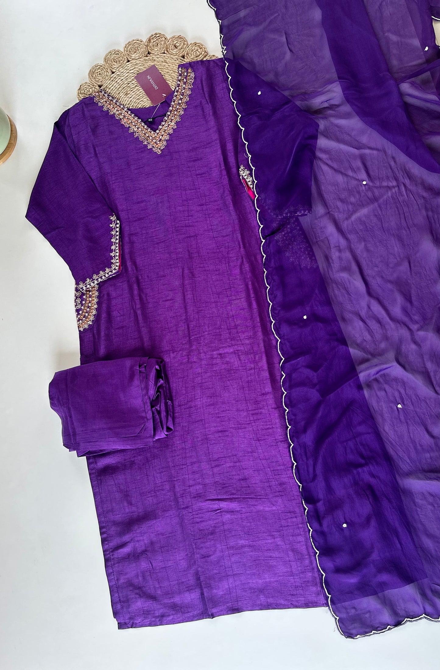 K133 - Russian silk handwork straight kurti with pants and dupatta in 2 colours .