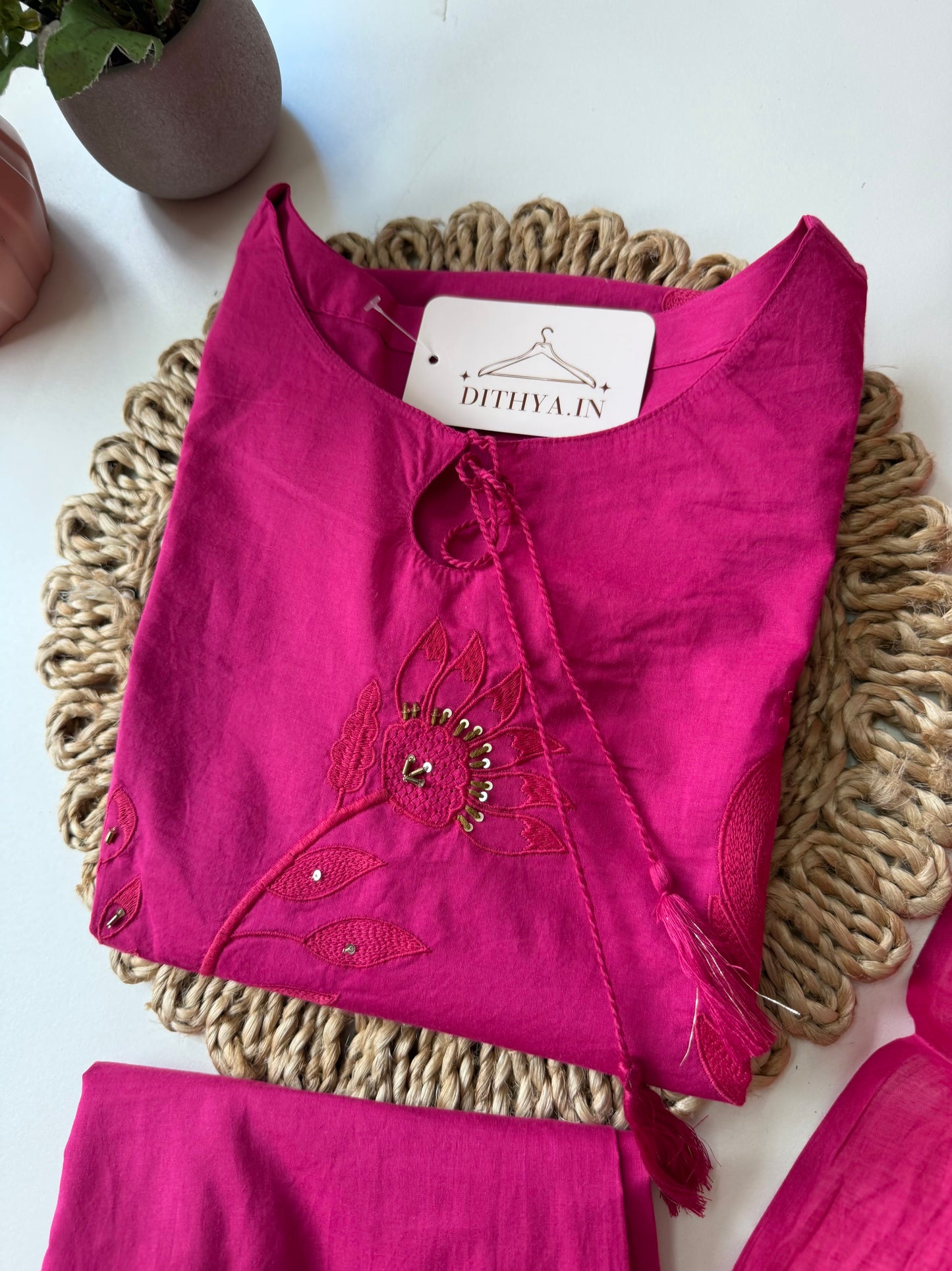 K583 - Cotton embroidery straight Kurti with pants and dupatta in 2 colours