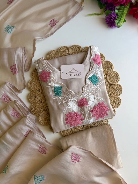 K577 - Surat mul chanderi appliqué work straight Kurti with pants and dupatta