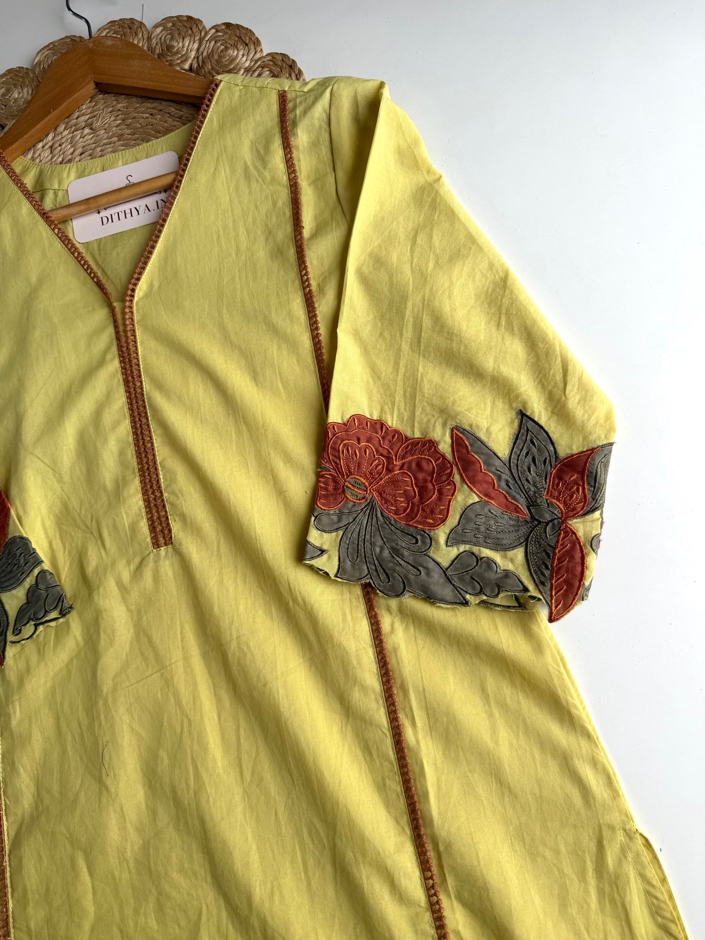 K256 - Mul cotton embroidered Aline Kurti with pants and dupatta