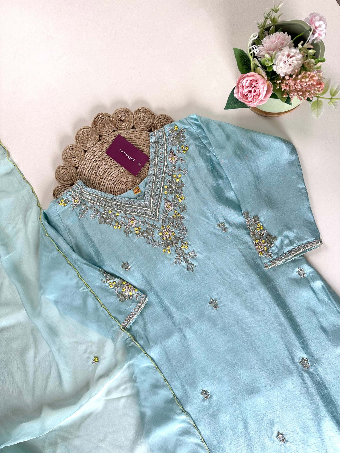 K187 - Handwork Dola silk straight kurti with pants and dupatta .