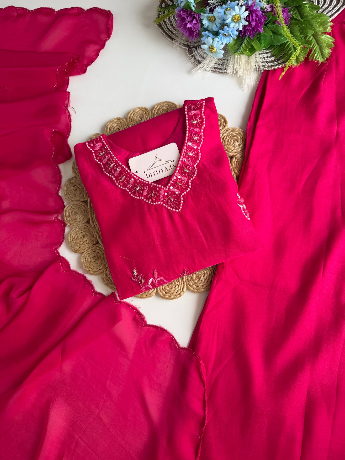 K610 - Mul chanderi handwork short Kurti with pants and dupatta