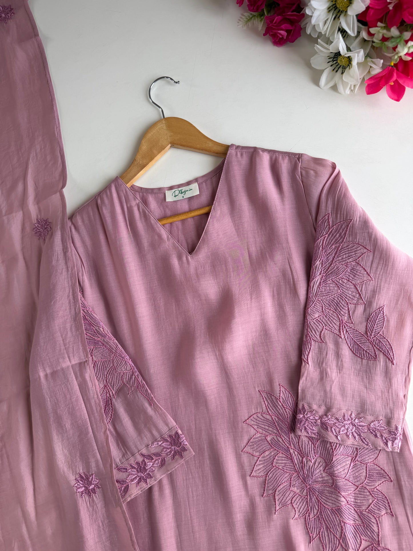 K425 - Muslin cotton embroidered straight Kurti with pants and dupatta