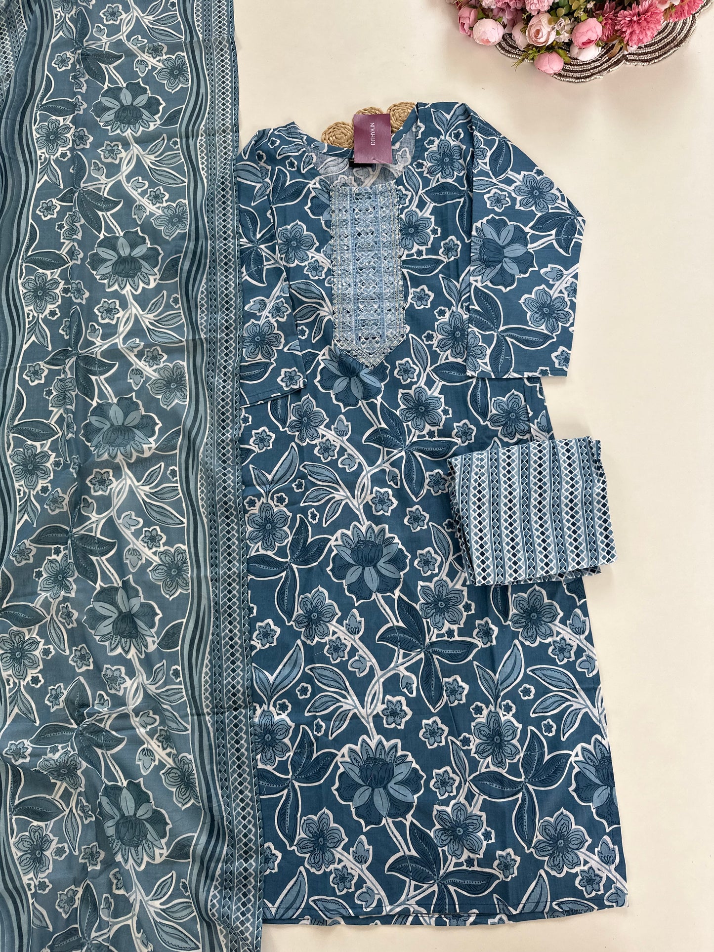 K340 - Cotton floral straight Kurti with pants and dupatta