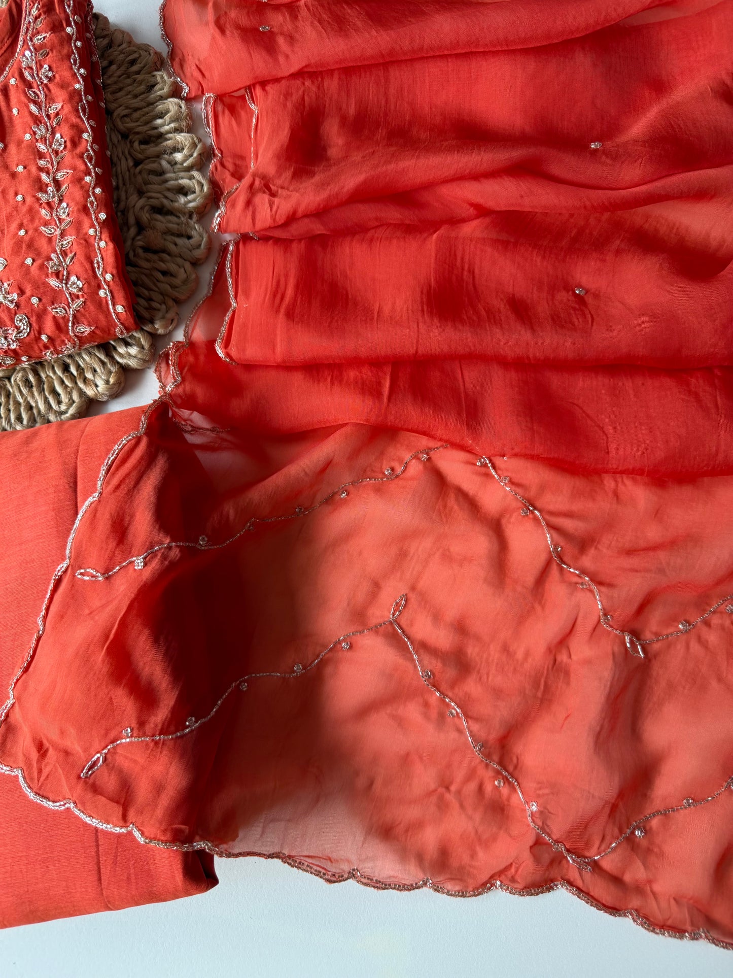 K589 - Mul chanderi handwork short Kurti with palazzo and dupatta