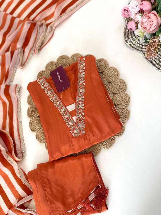 K283- Pure crepe silk Aline Kurti with pants and chinnon dupatta