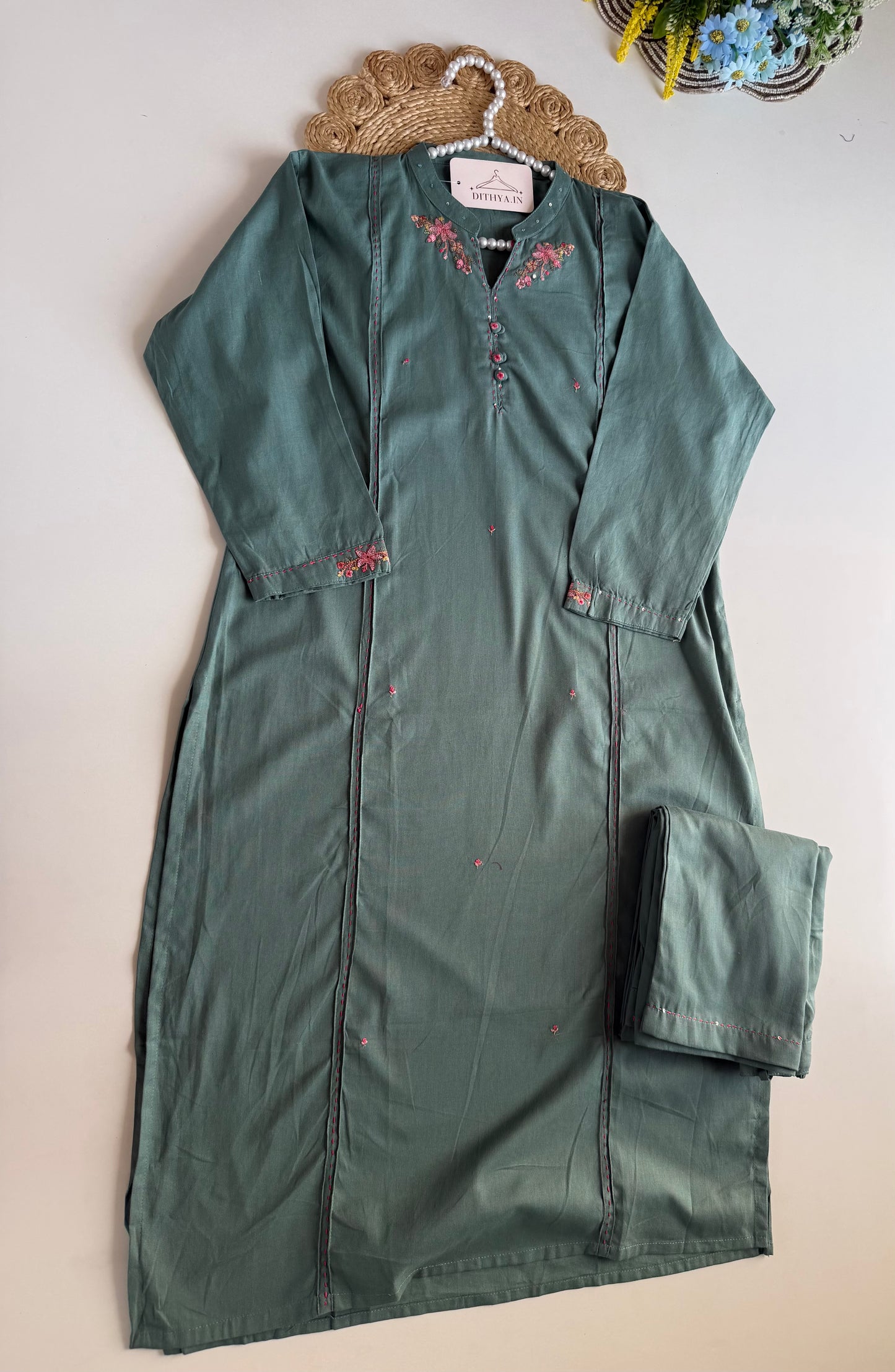 K684 - Cotton embroidered straight Kurti with pants