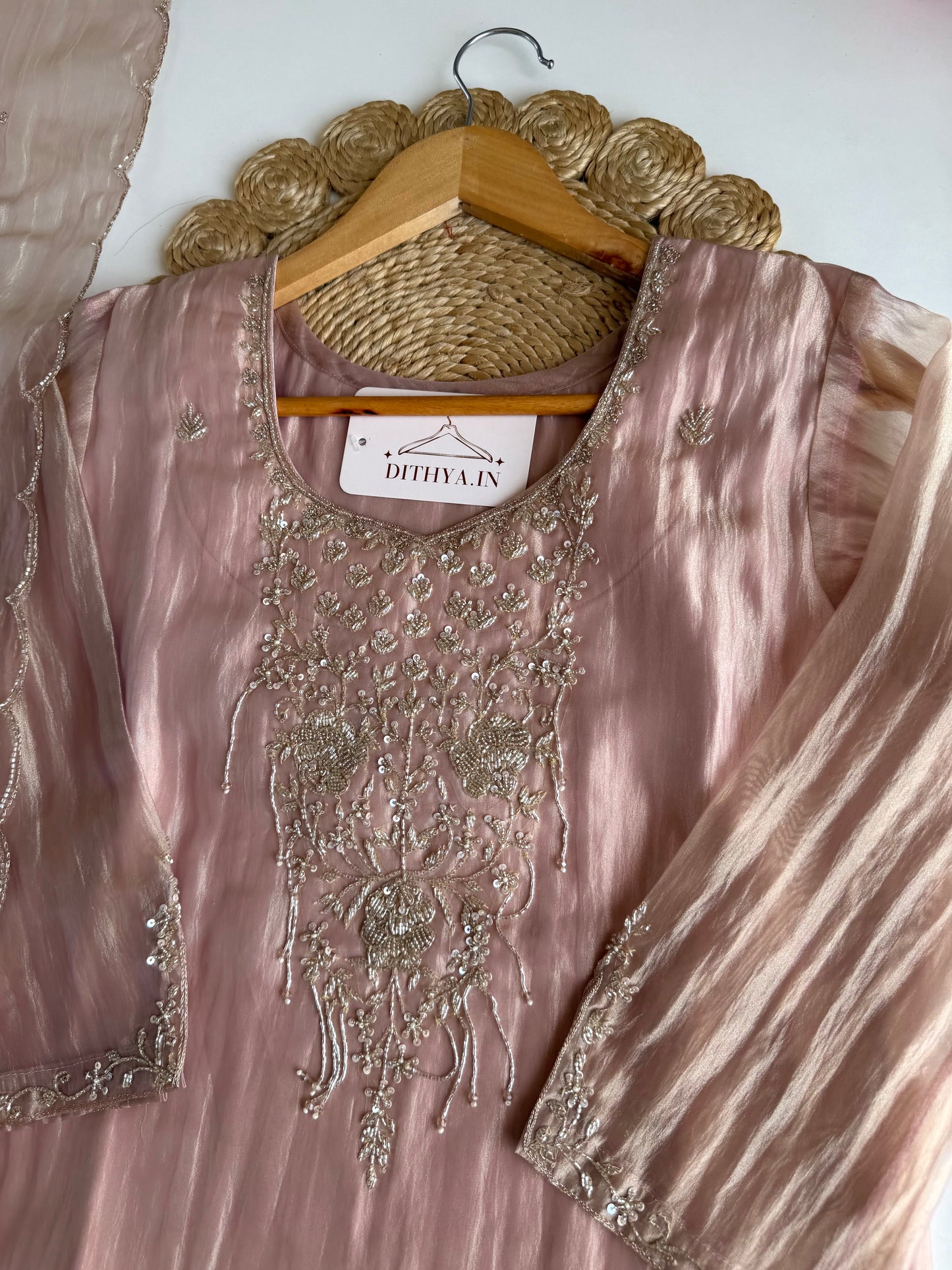 K425 - Glass tissue silk handwork straight Kurti with pants and dupatta