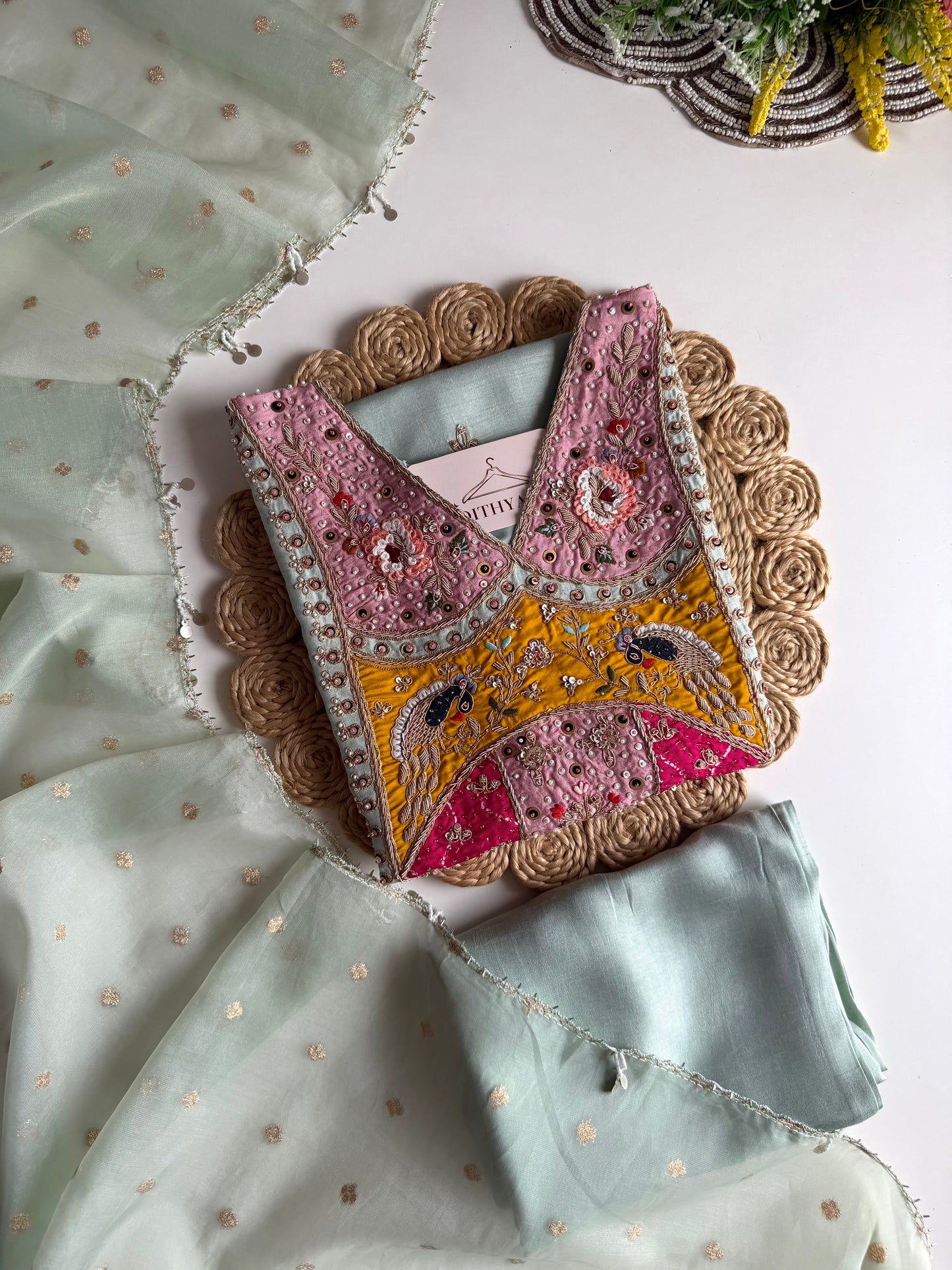 K154 - Russian silk handwork straight Kurti with pants and dupatta