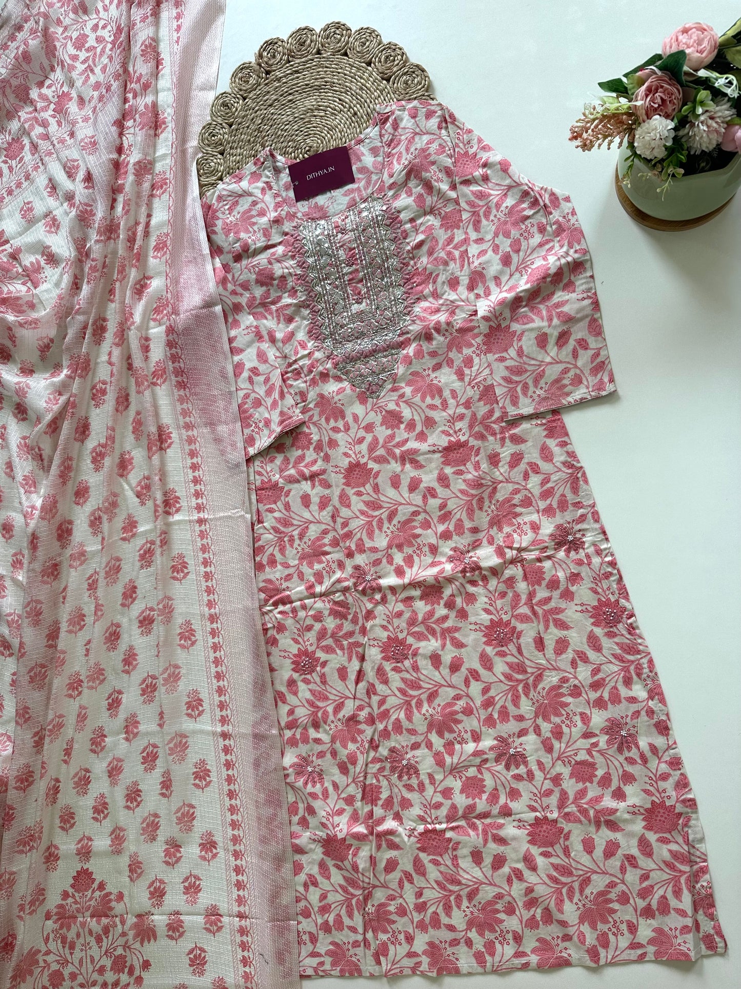 K321 - Cotton printed straight kurti with pants and dupatta .