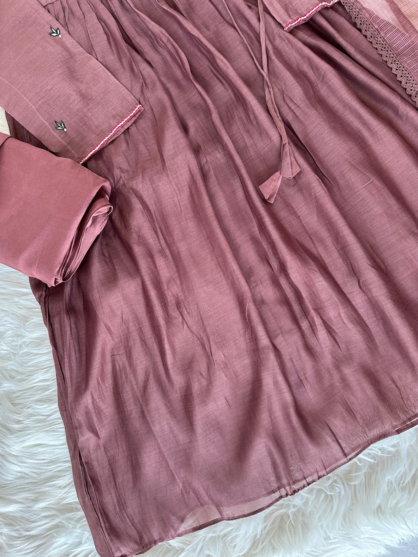 K404 - Mul Chanderi Handwork Angrakha Aline Kurti with pants and dupatta