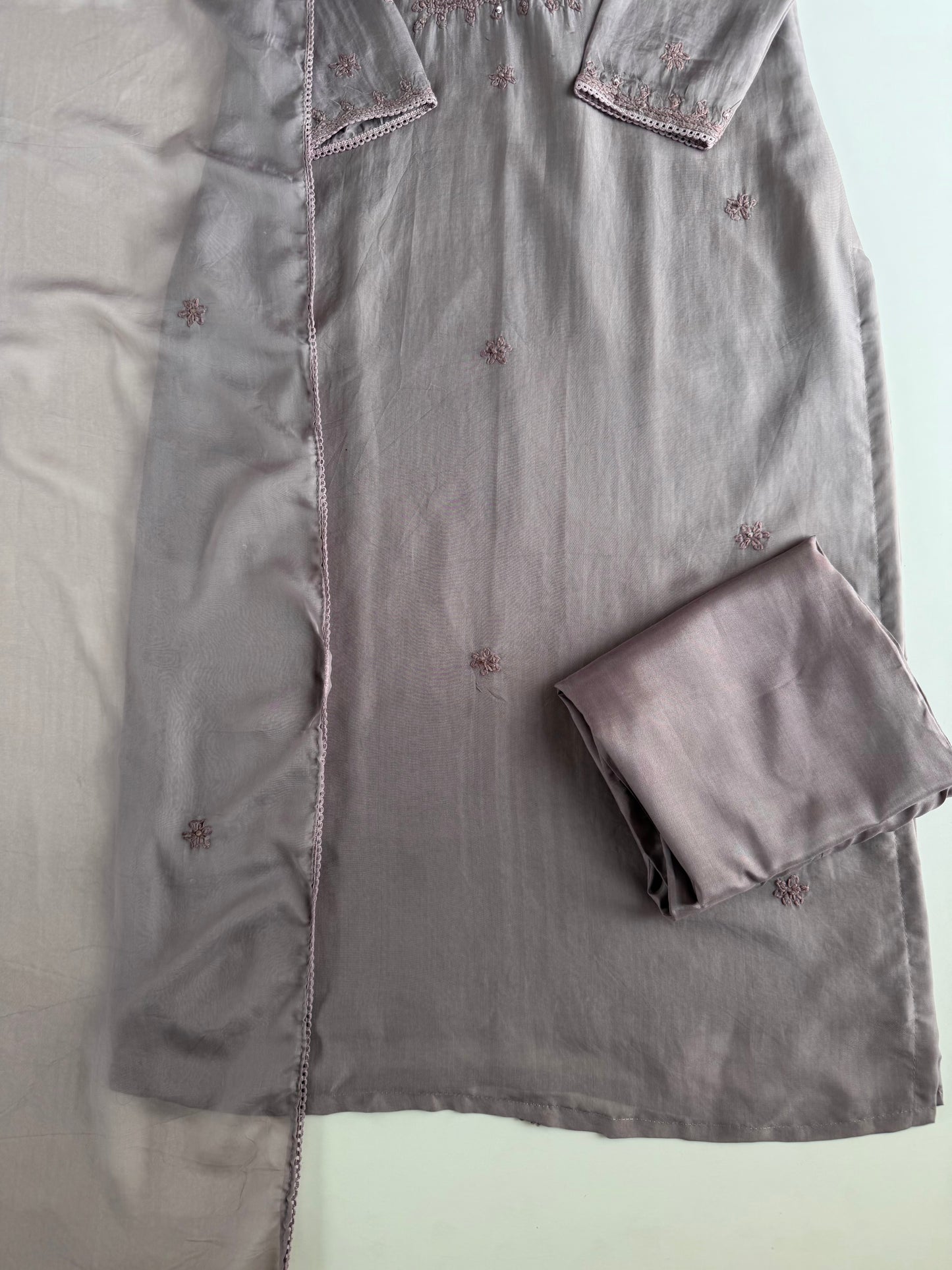 K510 - Viscose organza chikankari straight Kurti with pants and dupatta