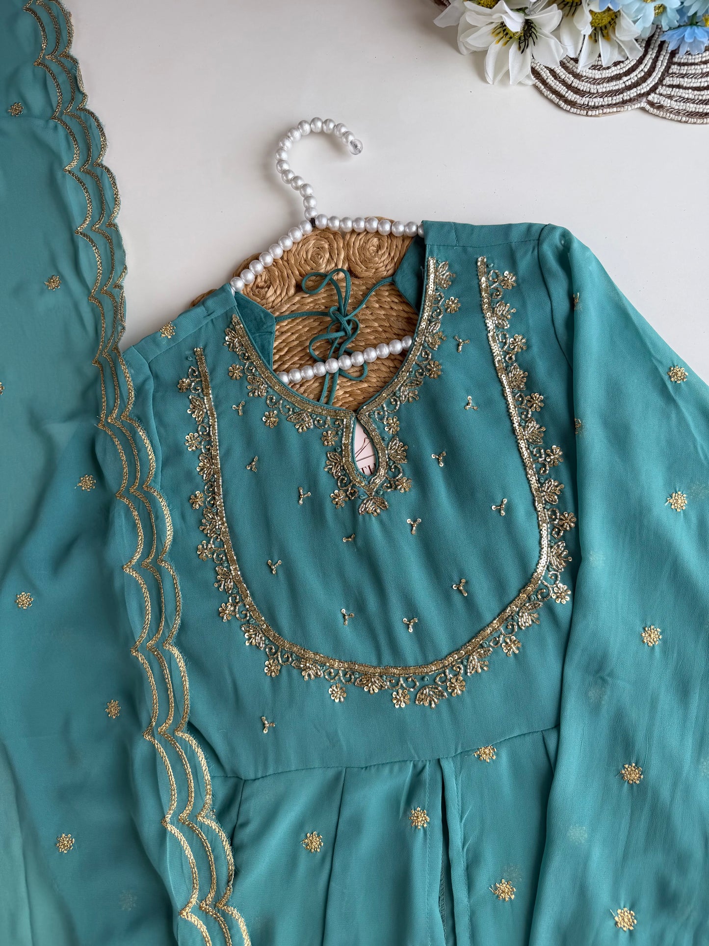 K636 - Georgette handwork Anarkali with centre slit, palazzo & Dupatta