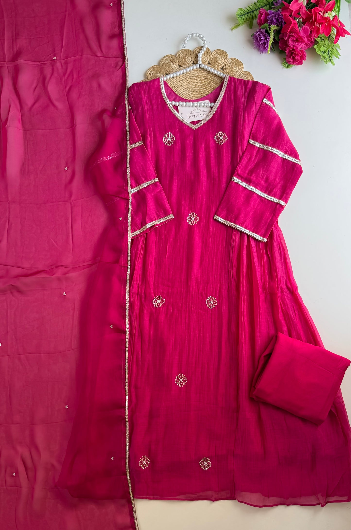 K524 - Mul chanderi handwork aline Kurti with pants and dupatta