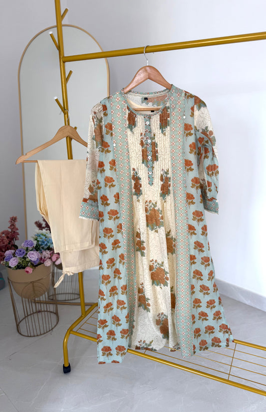 K254 - Viscose organza printed Aline Kurti with pants