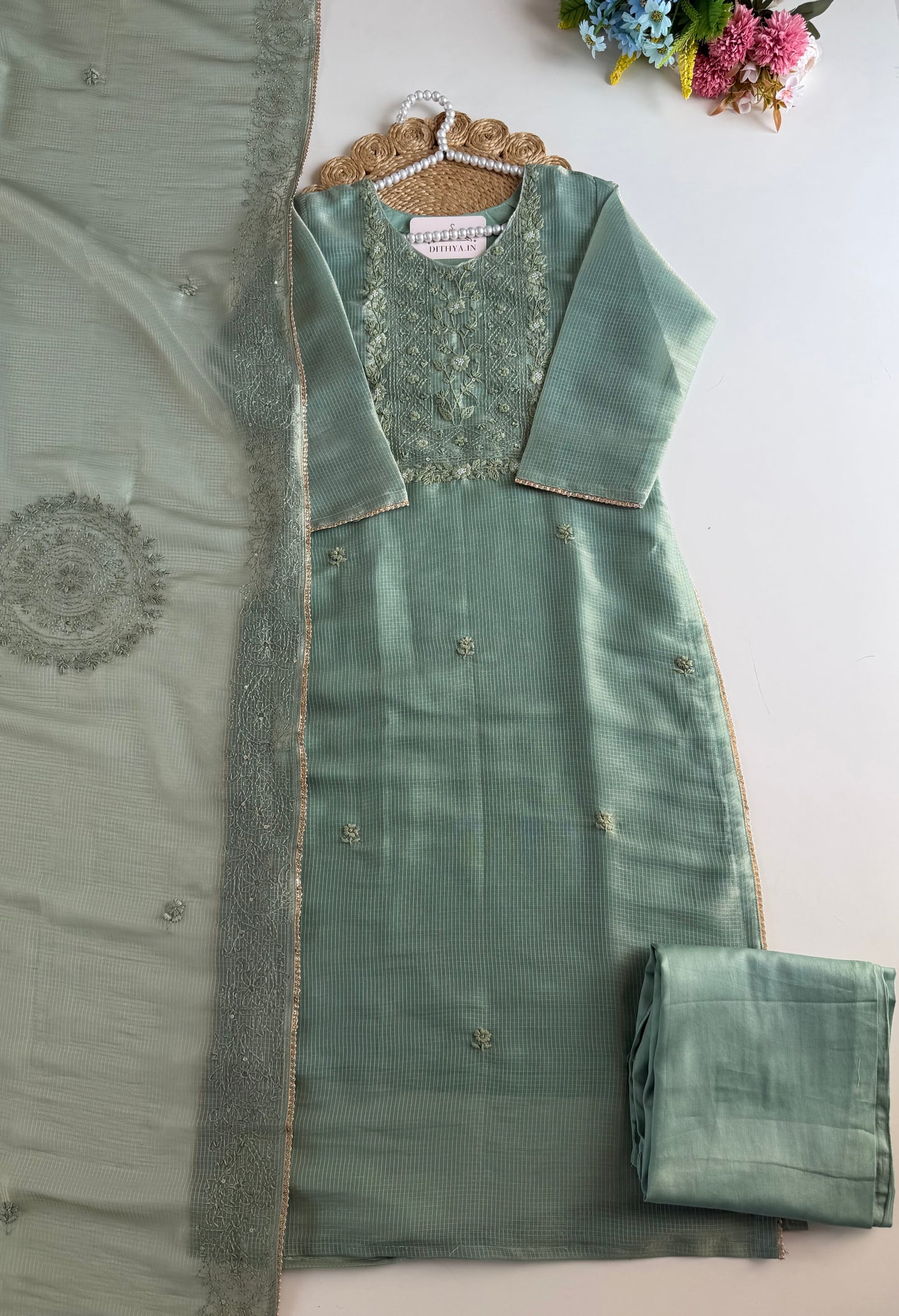 K107 - Chanderi tissue silk embroidered straight Kurti with pants and dupatta in 2 colours