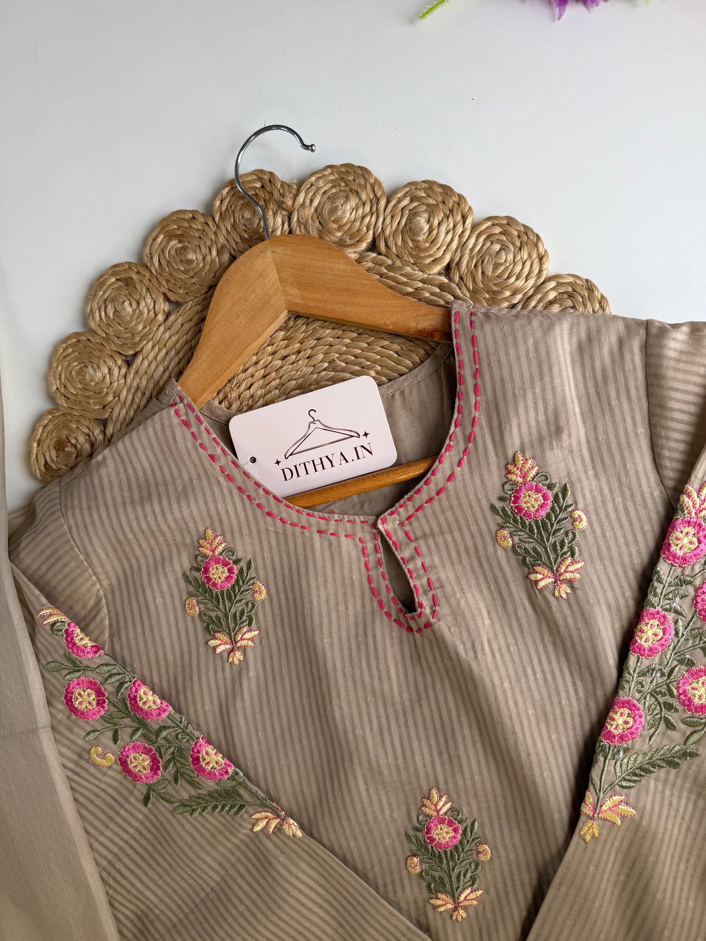 K339 - Mul cotton embroidered straight Kurti with pants and dupatta