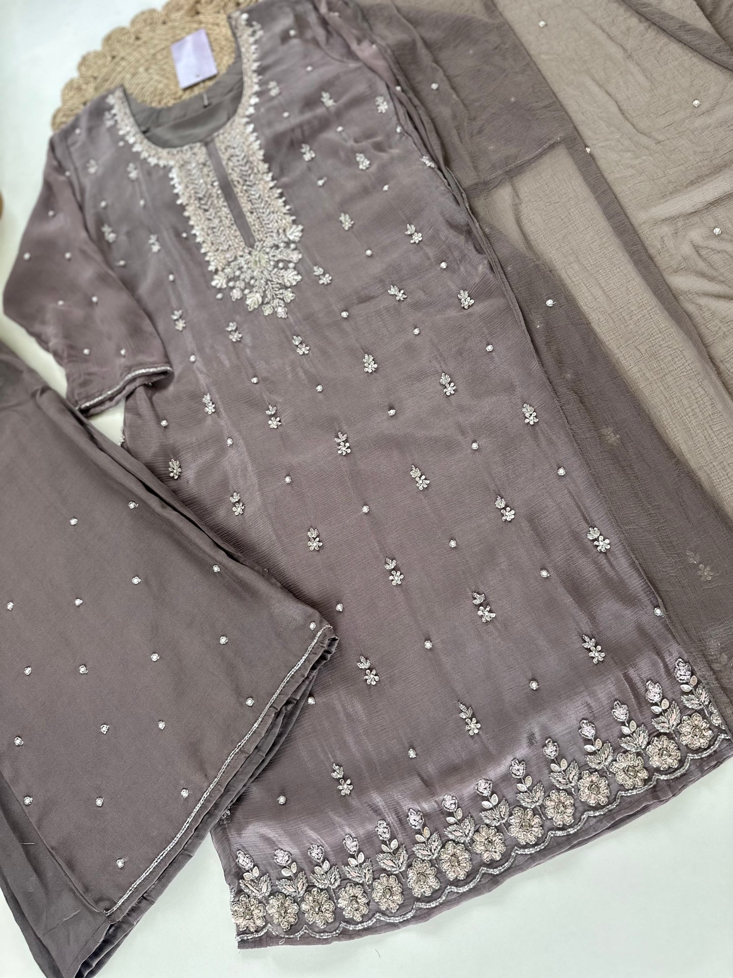 K190 - Heavy handwork Chinnon Straight short kurti with palazzo and dupatta .