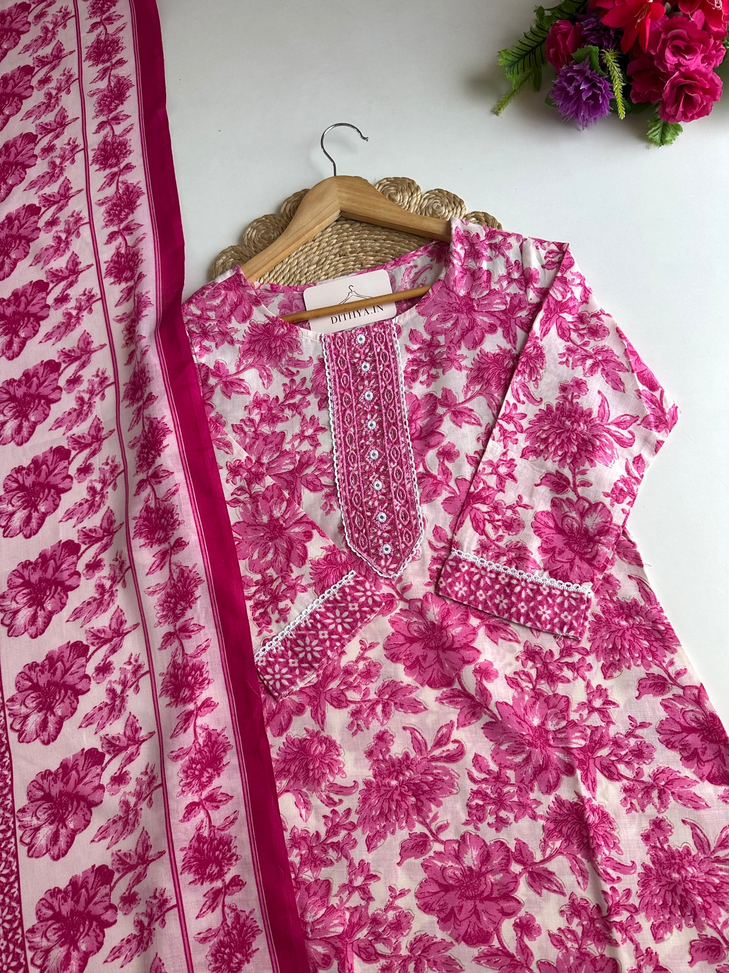 K213 - Cotton embroidered straight Kurti with pants and dupatta