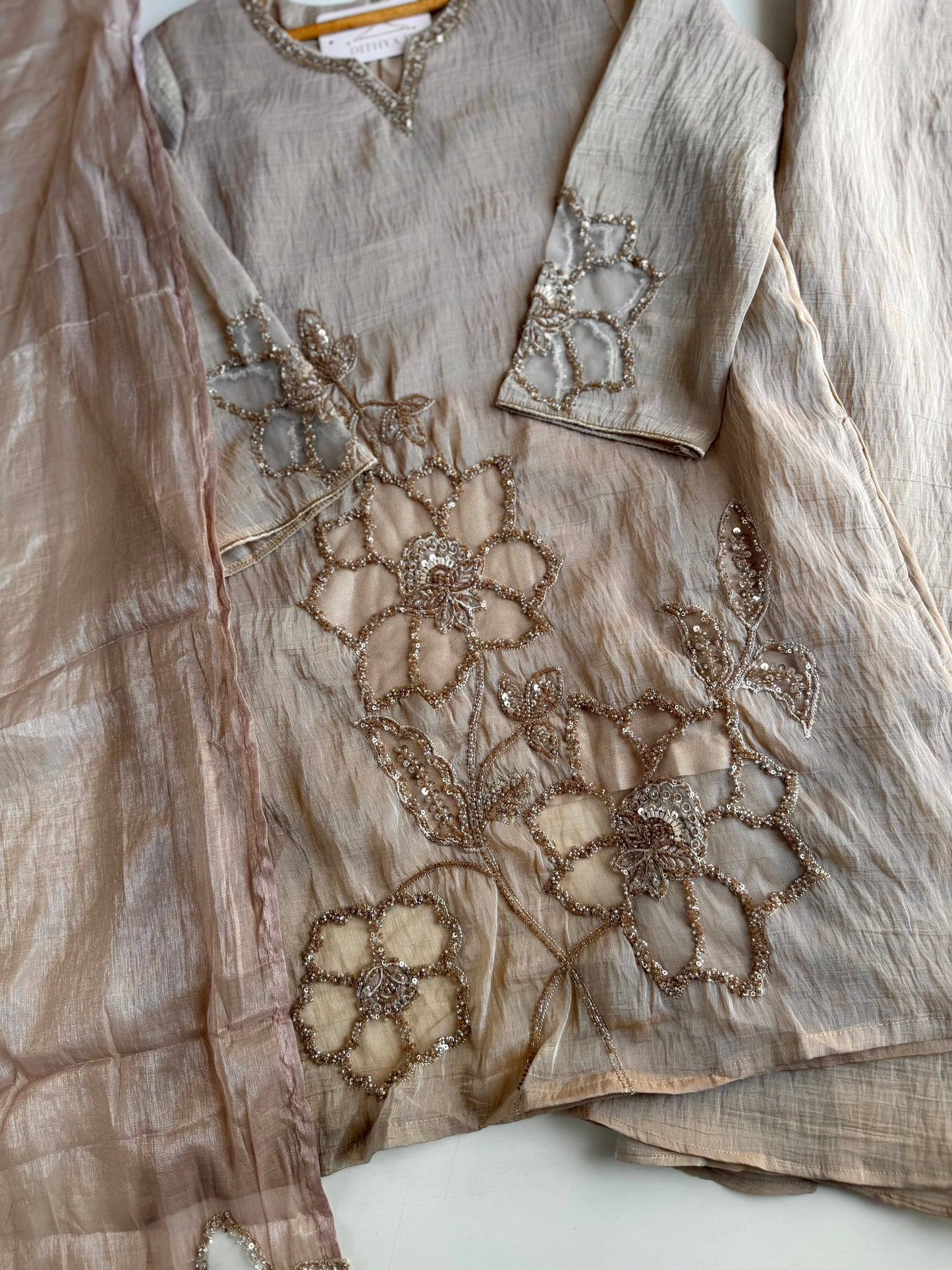 K344 - Tissue silk handwork short Kurti with divider pants and dupatta