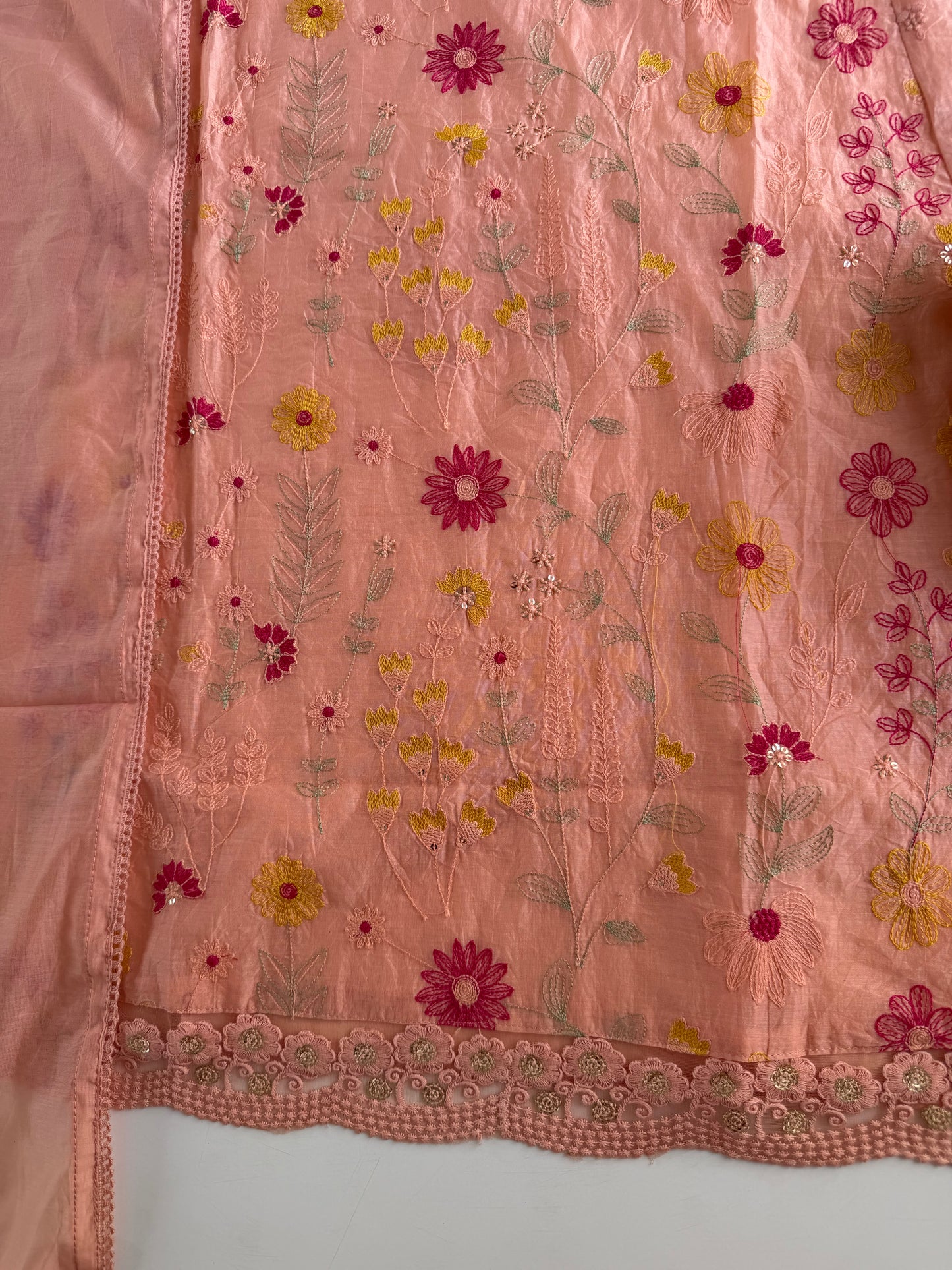K293 - Mul chanderi embroidered padded inner Aline Kurti with pants and dupatta