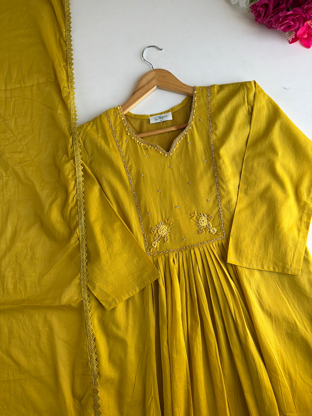 K608 - Mul cotton embroidered Anarkali with pants and dupatta
