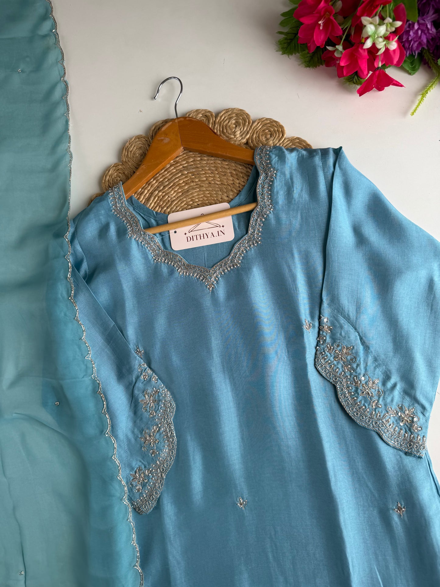 K366 - Russian silk handwork straight Kurti with pants and dupatta