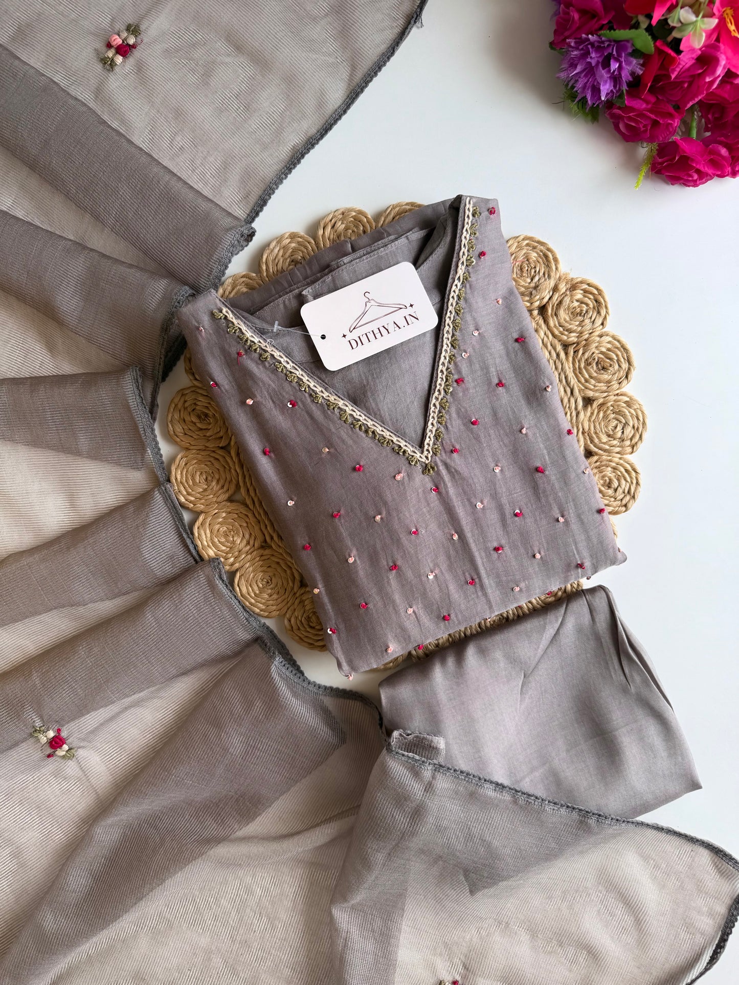 K562 - Mul chanderi embroidered Anarkali with pants and dupatta