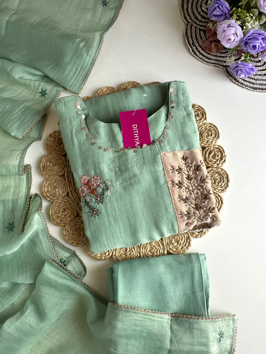 K121 - Mul Chanderi handwork Aline Kurti with pants and dupatta