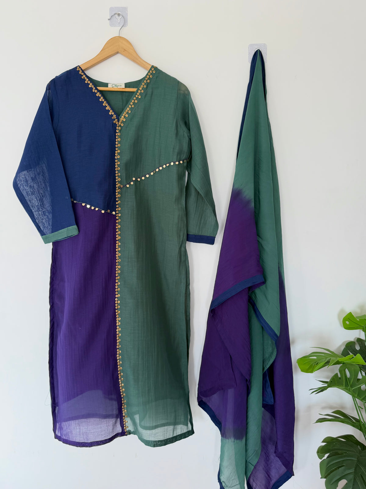 K377 - Mul chanderi button sequins work straight Kurti with pants and dupatta