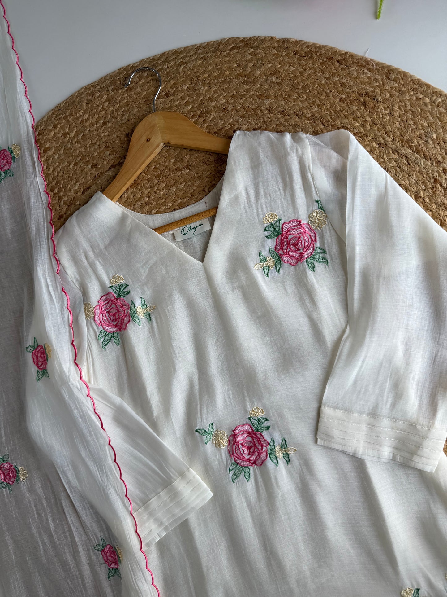 K429 - Surat Mul chanderi embroidered Aline Kurti with pants and dupatta