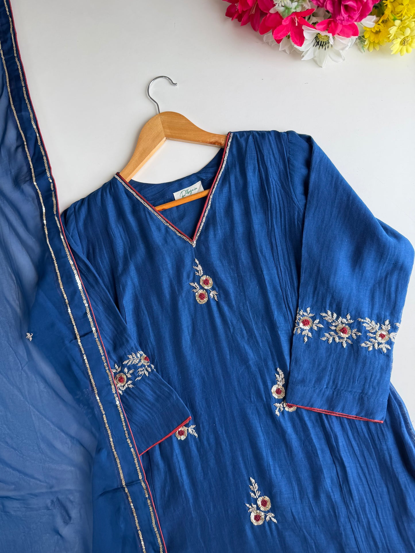 K444 - Mul chanderi handwork Aline Kurti with pants and dupatta