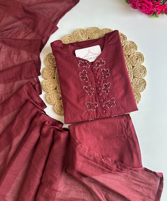 K728 - Mul cotton cut work straight Kurti with pants and dupatta