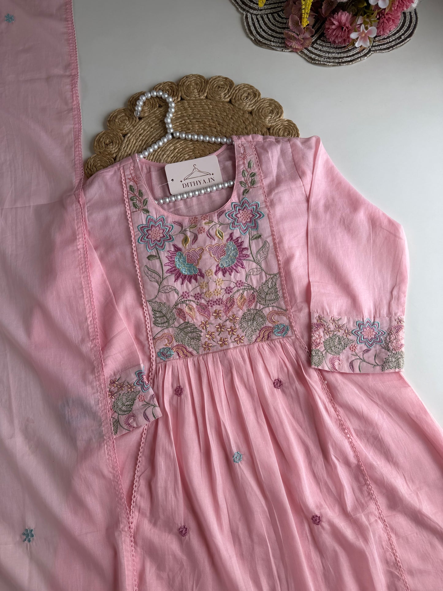 K215 - Mul cotton embroidered Anarkali with pants and dupatta in 2 colours