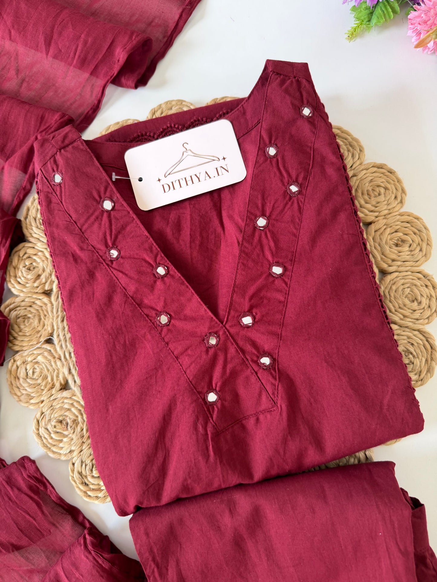 K628 - Mul cotton mirror work Anarkali with pants and dupatta