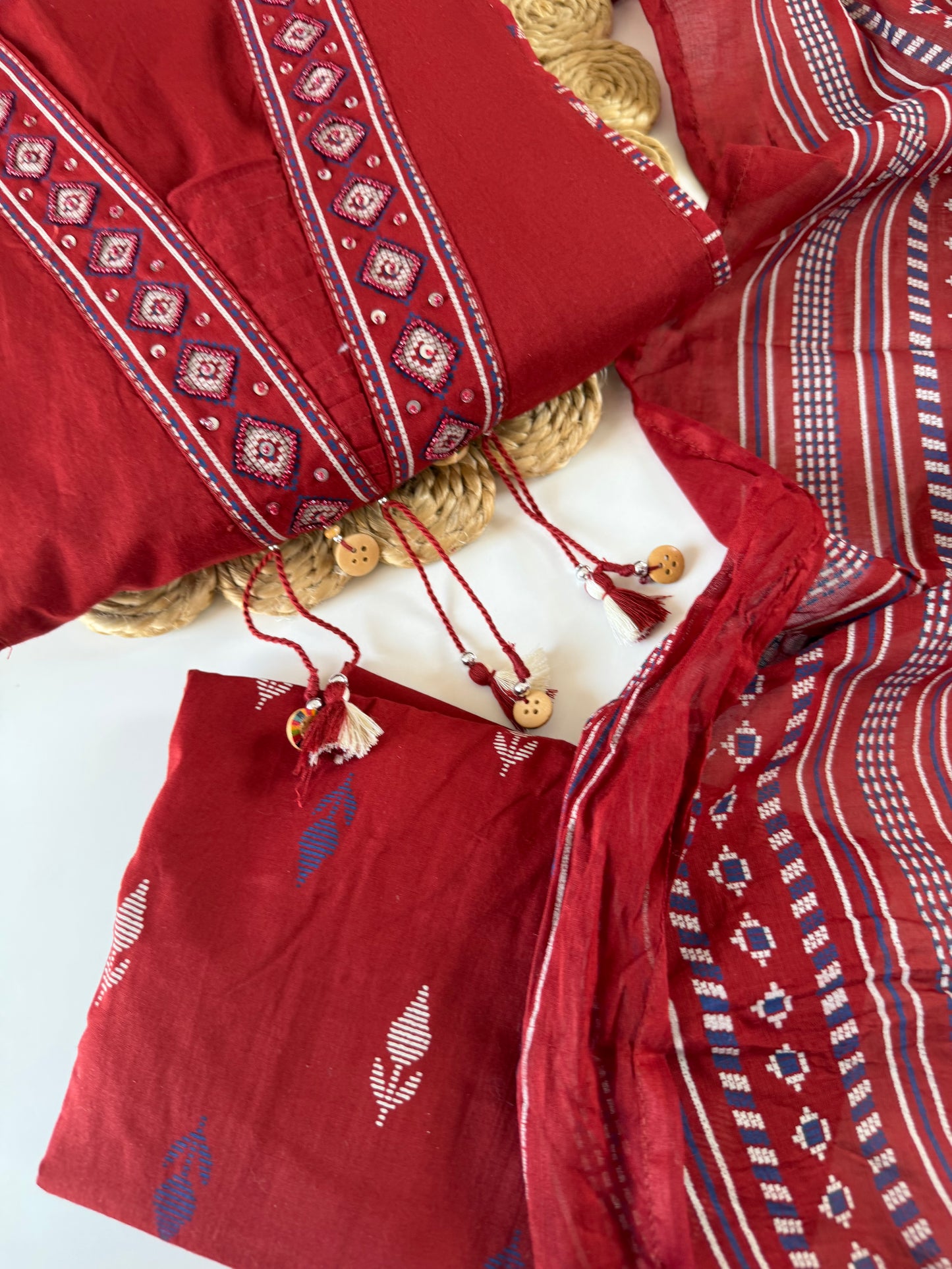 K692 - Mul cotton embroidered Aline Kurti with pants and dupatta