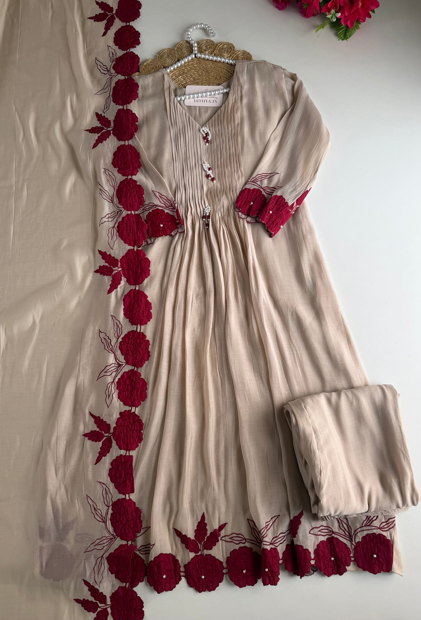 PREORDER  DISPATCH JUNE 1st ONWARDS—                                   K429 - Surat mul chanderi embroidered Anarkali with pants and dupatta