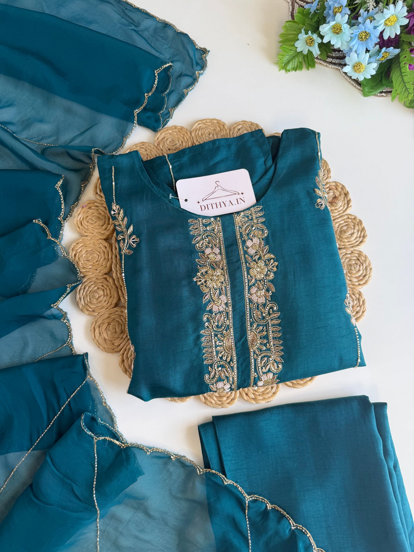 K577 - Russian silk handwork straight Kurti with pants and dupatta